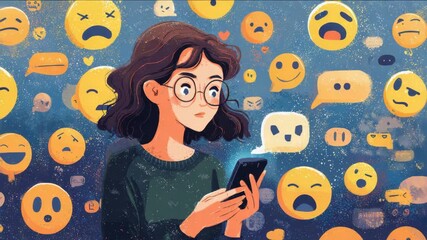 Woman using her smartphone surrounded by emoji expressing different emotions. - Powered by Adobe