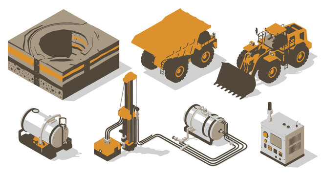 Isometric Vector Collection Surface Mining Industry Icons Depicting Machinery and Equipment