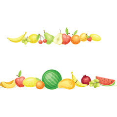 Pixel Art Border Fruit Assortment Featuring Bananas Apples Grapes Cherries Oranges Pears Watermelon Mango Pomegranate Lemon and Strawberries Against a Transparent Background