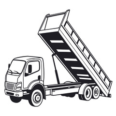 Detailed illustration of a dump truck with its bed raised, , ready to unload materials at a construction site