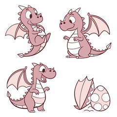 Collection of cute cartoon dragons, showcasing playful poses and expressions, perfect for childrens illustrations and designs