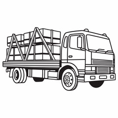 Isometric outline illustration of a flatbed truck carrying crates, the truck is drawn in black and white, with a simple, clean style