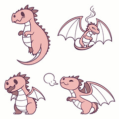 Collection of charming cartoon dragons, showcasing different moods and actions, perfect for animation and childrens content