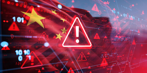 Cybersecurity alert concept with digital warning signs and Chinese flag overlay on red background...