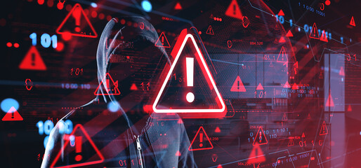Cybersecurity warning concept with hooded hacker figure and digi