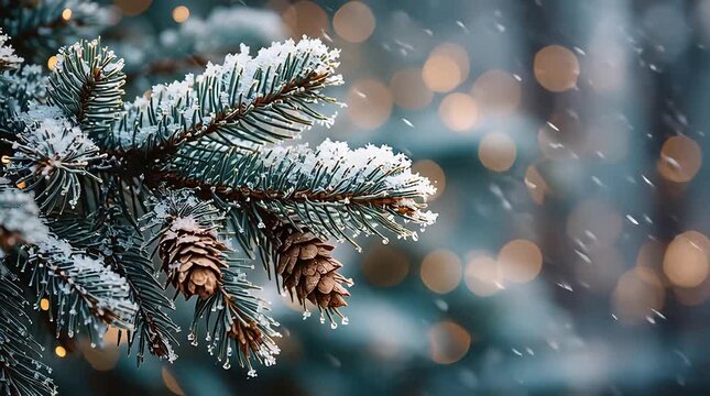 Paysage d'hiver avec branche de sapin, pomme de pin et neige qui tombe