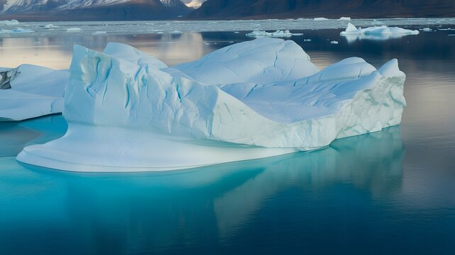A serene winter landscape photograph of a majestic iceberg floating calmly in tranquil arctic waters
