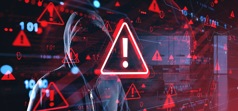 Cybersecurity warning concept with hooded hacker figure and digi
