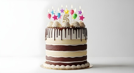 Chocolate Drip Birthday Cake with Colorful Candles and Number Topper