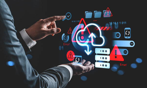 Cloud storage error and cybersecurity risk concept with data warning icons and server malfunction indicators on futuristic digital interface.