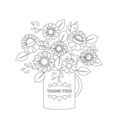 Thank you, banner. Flowers in cup outline monochrome illustration for coloring page stock vector illustration for web, for print