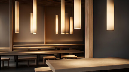 Warm lighting illuminates a modern dining area, highlighting the clean lines of wooden tables and minimalist hanging lights. The neutral color palette creates a tranquil, inviting space.