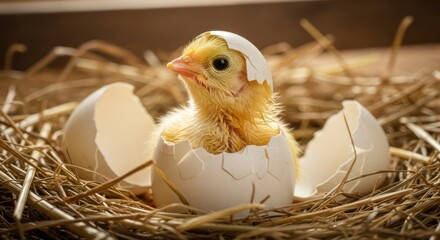 Newborn Chick in Nest: A fluffy yellow chick, newly hatched from its egg, sits nestled within a bed of straw, a symbol of new beginnings and springtime.