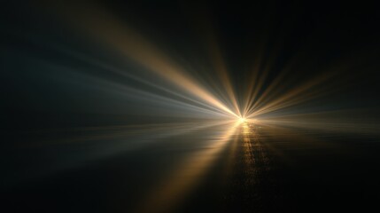 A serene scene with beams of light emerging from the horizon, reflecting on calm waters in a dark, tranquil environment.