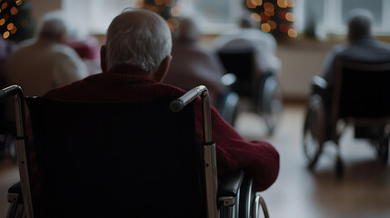 Senior citizens sit in wheelchairs, seen from behind, in what appears to be a care facility, with festive holiday lights dimly visible in the background.