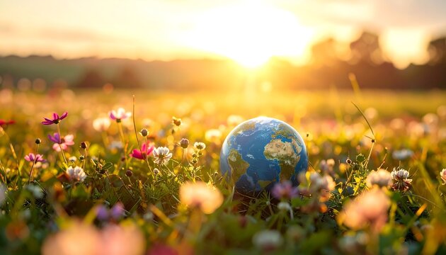 Earth globe nestled in a vibrant meadow at sunset, symbolizing environmental awareness.
