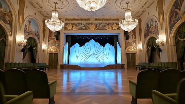 Elegant Ballroom Theater With Ornate Chandeliers and Green Velvet Seats Facing A Stage With Blue Lighting And Decorative Scenery
