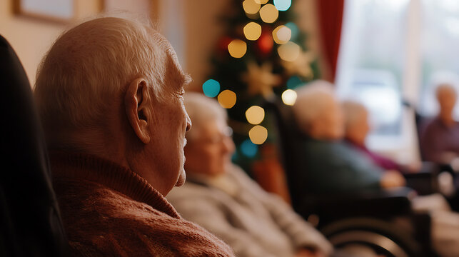 Senior citizens gather in a care facility, enjoying companionship and the festive atmosphere created by the Christmas tree lights, fostering community and holiday cheer.