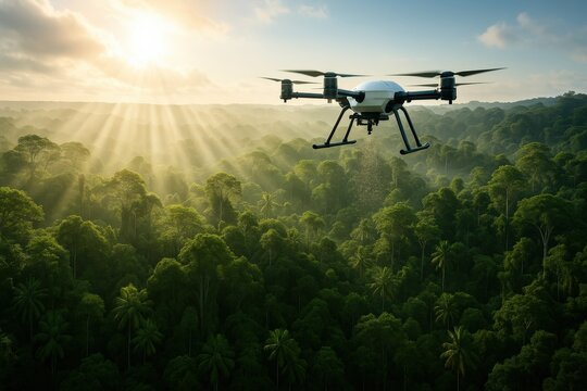 Drone soars above lush green rainforest canopy, illuminated by the sun's rays.