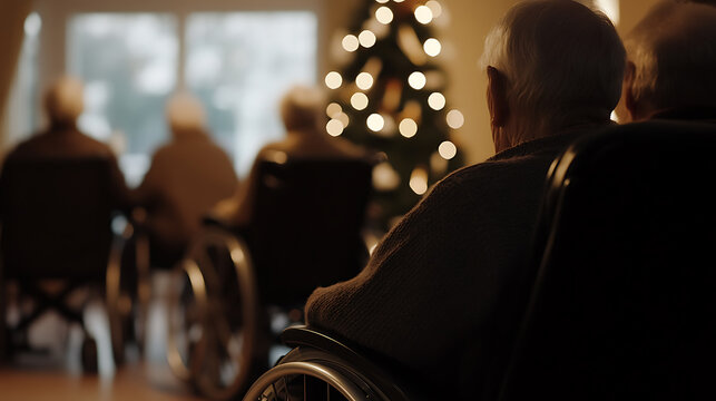 Elderly individuals gather in a softly lit room, observing a decorated holiday tree through a window. The ambiance evokes a sense of calm reflection.