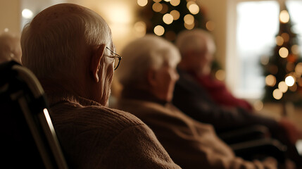 Seniors gather in a warm, softly lit room, possibly a nursing home, for a holiday event. The focus is on community and shared experiences in their later years.