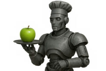 Robot chef presenting a fresh green apple on a plate, symbolizing healthy future food and artificial intelligence in kitchens