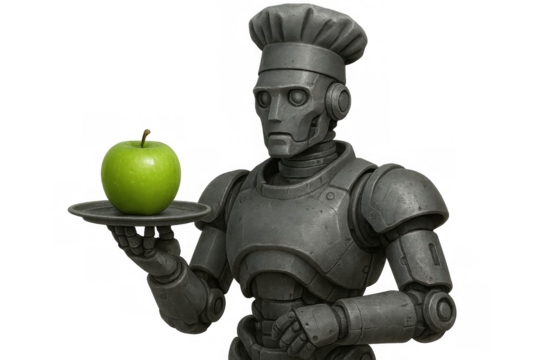 Robot chef presenting a fresh green apple on a plate, symbolizing healthy future food and artificial intelligence in kitchens