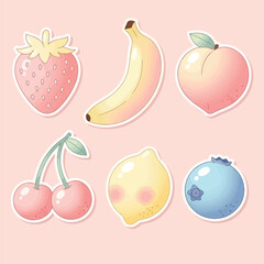 Sweet and Playful Pastel Fruit Sticker Collection Adorable Illustrations of Strawberry, Banana, Peach, Cherries, Lemon, and Blueberry for Charming Designs