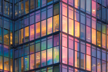 glass building facade shimmering with rainbow reflections and modern geometric structure under soft ambient light