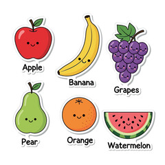 A charming collection of cute kawaii fruit character stickers with happy smiling faces. Vector illustration set of apple, banana, grapes, pear, orange, and watermelon