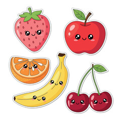 Cute Kawaii Fruit Collection Strawberry, Apple, Orange, Banana, Cherry