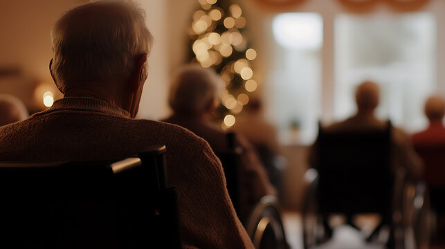 A group of senior citizens in wheelchairs gather in a dimly lit room with a Christmas tree in the background. Celebrating a holiday gathering in a care facility.