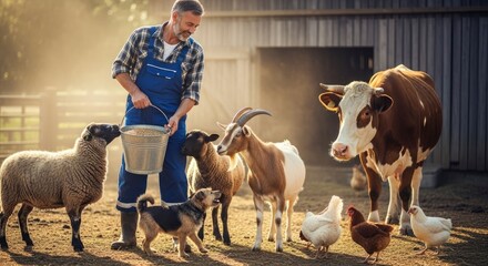 Obraz premium Smiling Farmer Feeding Diverse Livestock on a Sustainable Countryside Farm