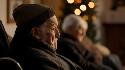 Contemplative moment featuring a senior man in profile, wearing a beanie, with a soft, blurred background of another person and warm holiday lights. A quiet and reflective scene.