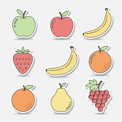 A vibrant collection of assorted fruit sticker icons, including apple, banana, and grape. A vector graphic set for healthy food and nutrition concepts