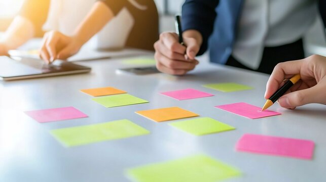 Creative professionals collaborating branding ideas colorful post it notes bright energetic open concept workspace