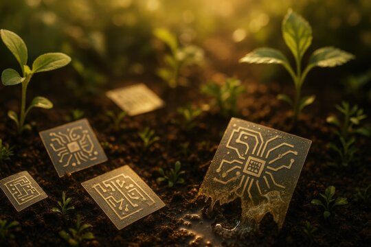 Technology merges with nature as microchips sprout among seedlings in fertile soil.