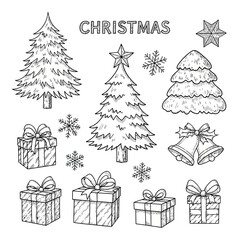 Festive Christmas Sketch Trees, Gifts, Snowflakes & Bells Illustration