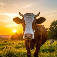 Close-up of a brown and white cow in a field at sunset