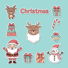 Charming set of cute Christmas stickers with Santa Claus, reindeer, and a snowman. A festive collection of adorable kawaii holiday character illustrations
