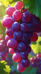 Close-up of a bunch of ripe grapes with lush green leaves