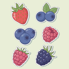 Delicious Berries A Colorful Set of Stickers Featuring Strawberries, Blueberries, Raspberries, and Blackberries