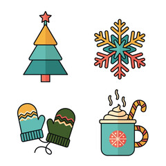 Festive Christmas Icons Tree, Snowflake, Mittens & Cocoa Vector