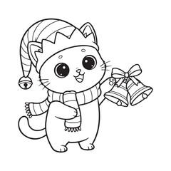 Cat wearing elf hat beside Christmas bells Colouring page