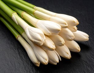 Close-up of a bundle of white fragrant blossoms on a dark surface