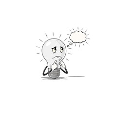 Sad lightbulb character deep in thought, worried expression, contemplating a problem or new idea