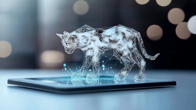 Digital Lynx LowPoly Animal Emerging from Tablet Screen with Bokeh Background.