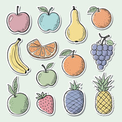 Vibrant hand-drawn fruit stickers collection, perfect for healthy eating designs, fresh organic food themes, and playful kitchen decor projects