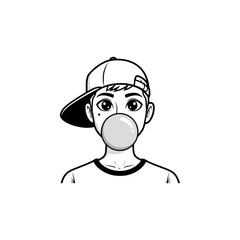 Trendy youth illustration featuring a cool boy wearing a baseball cap blowing a bubblegum bubble