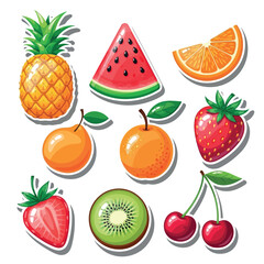 Vibrant Fruit Stickers Pineapple, Watermelon, Orange, and More, Vector Illustration, Freshness & Sweetness